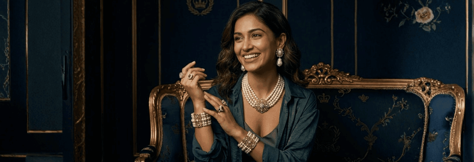 All Jewellery — woman wearing pearls, editorial header
