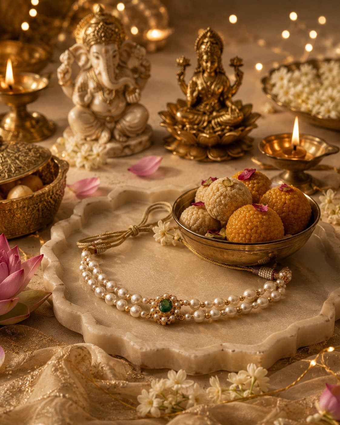 Pearl jewellery with laddoos and diyas beside Ganesha and Lakshmi idols in warm festive light