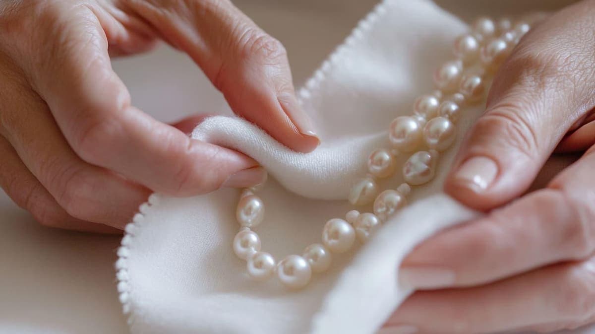 Wiping a pearl necklace gently with a soft cloth