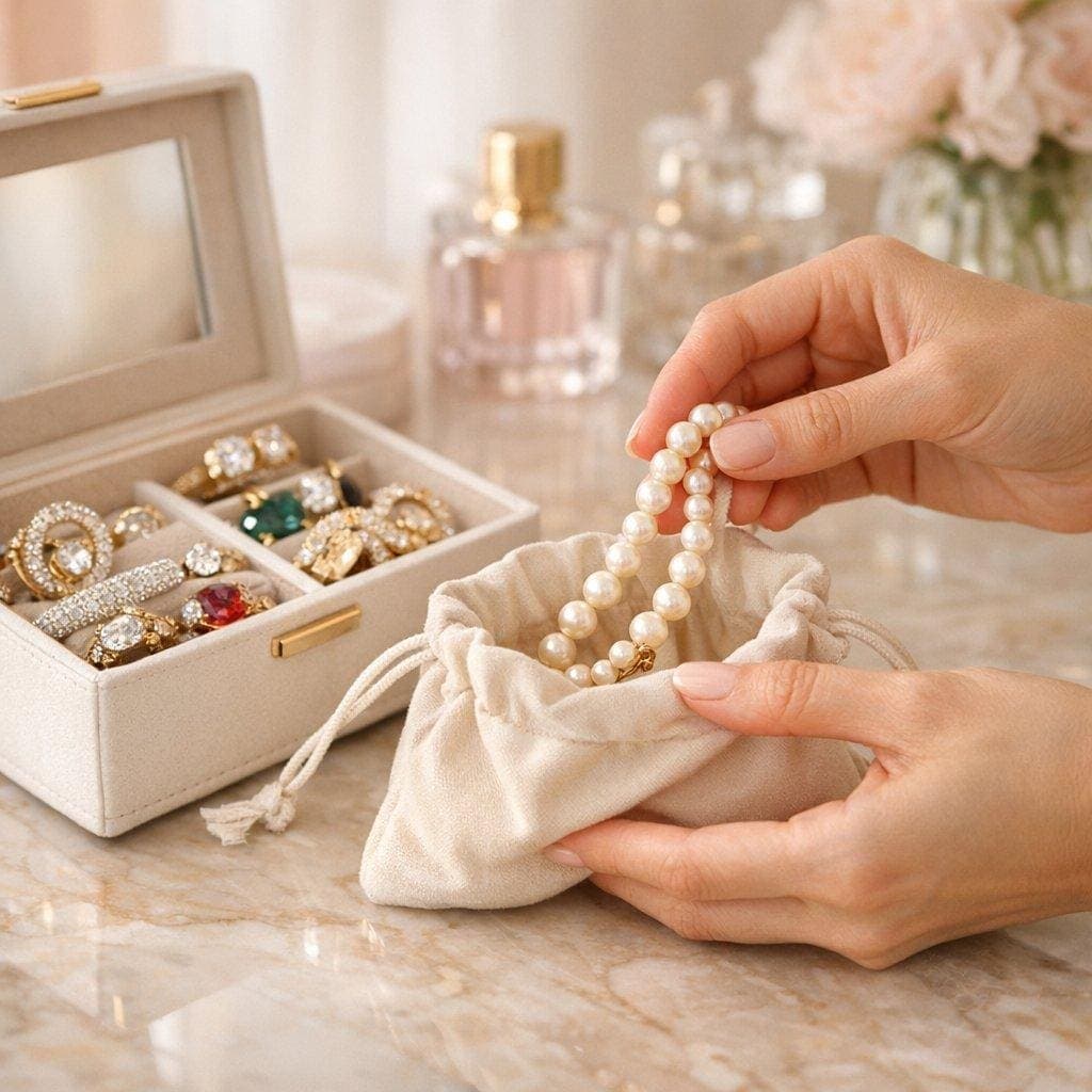 Storing pearls in a soft pouch inside a jewellery box