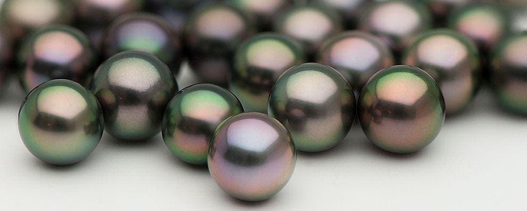 Dark Tahitian pearls up close